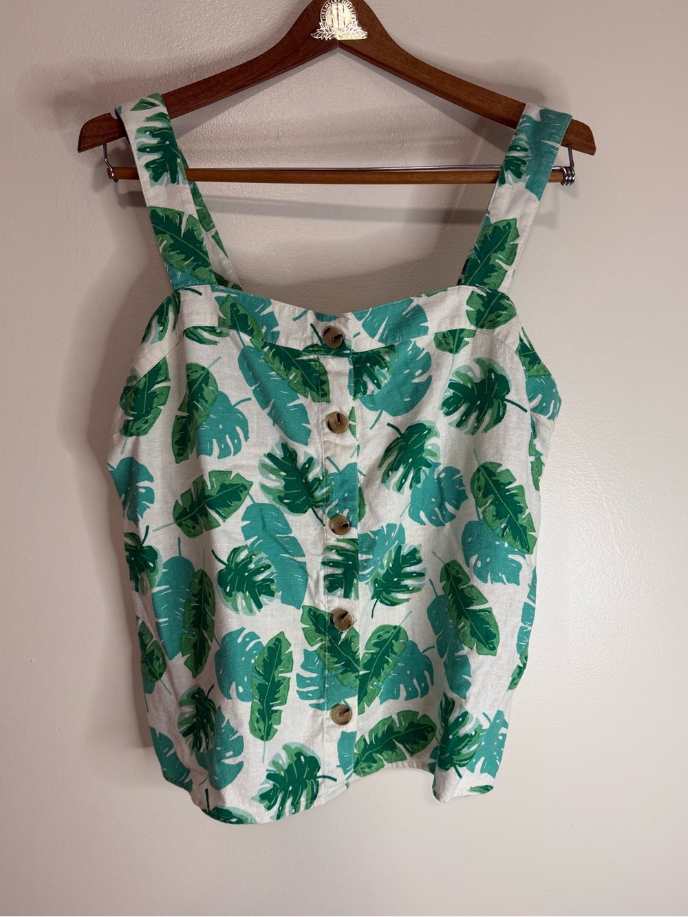 J.Crew Green Leaf Print Button-Front Women’s linen blend  Tank Top size large